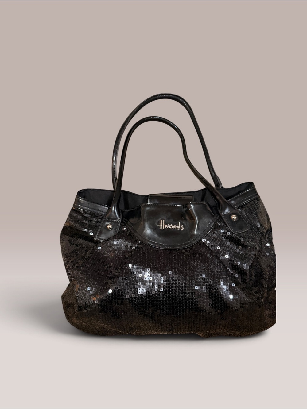 Harrods Black Sequin Tote with Patent Trim